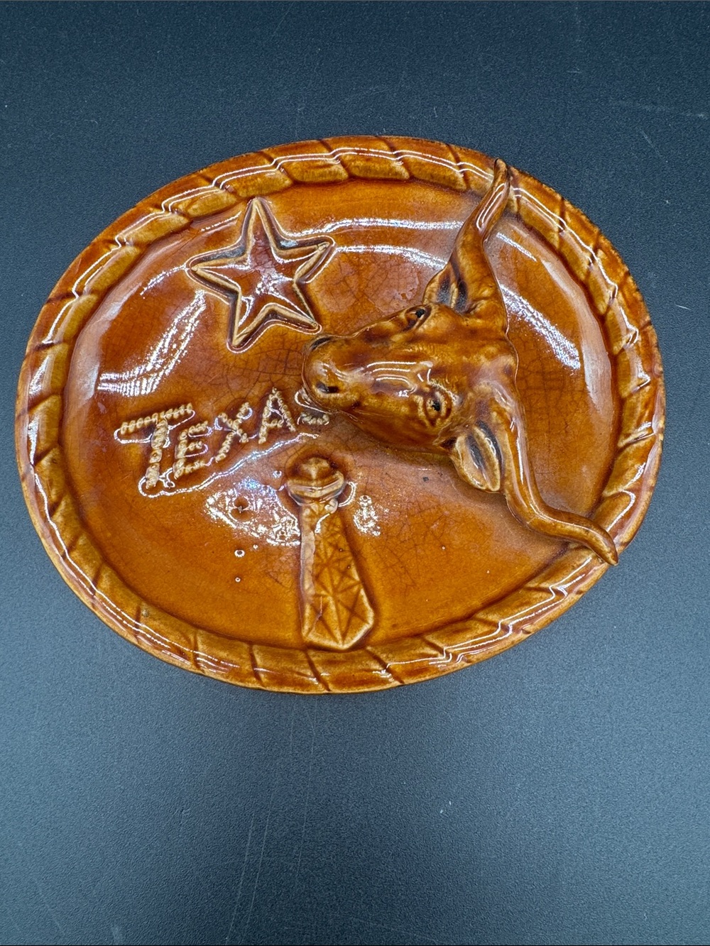 Texas Ashtray Longhorn Steer Oil Rig Lone Star State Cowboy Ranch Vintage